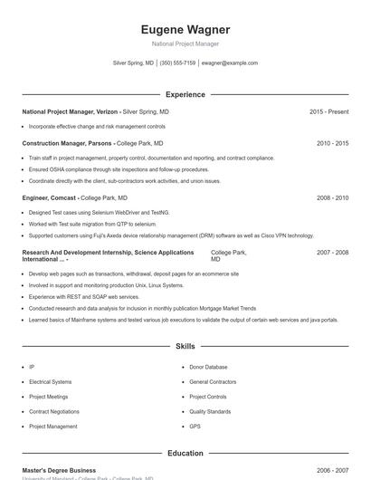 National Project Manager Resume