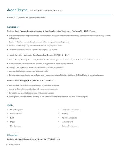 National Retail Account Executive Resume
