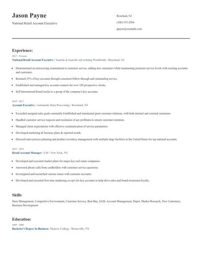 National Retail Account Executive Resume