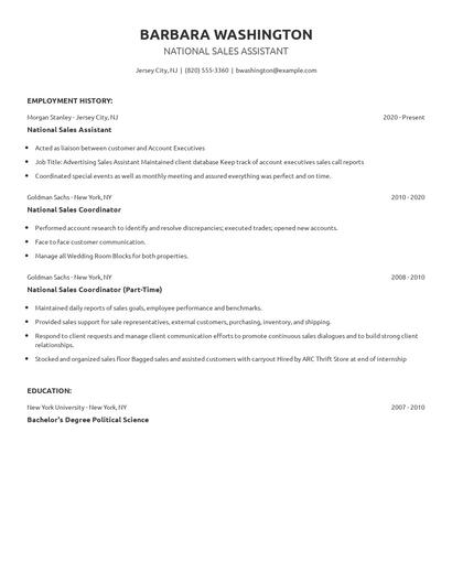 National Sales Assistant Resume