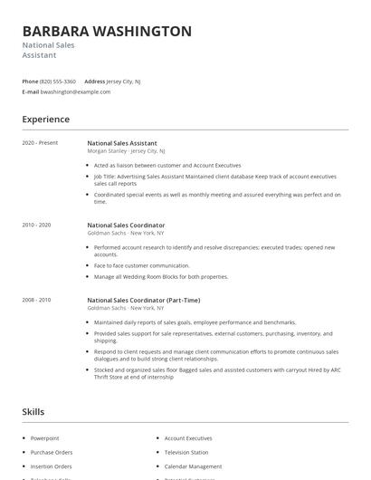National Sales Assistant Resume