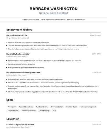 National Sales Assistant Resume