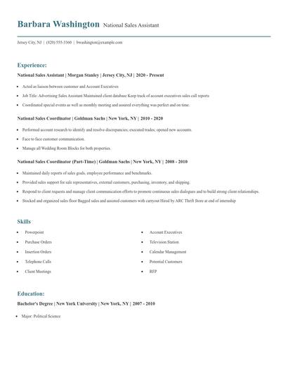 National Sales Assistant Resume