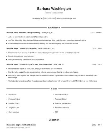 National Sales Assistant Resume