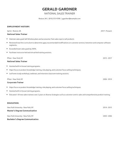 National Sales Trainer Resume