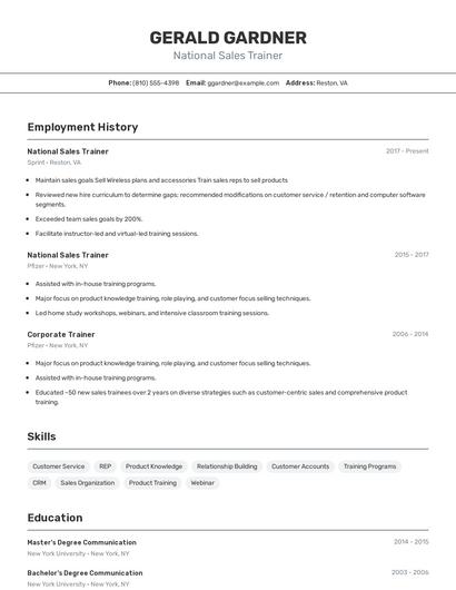 National Sales Trainer Resume