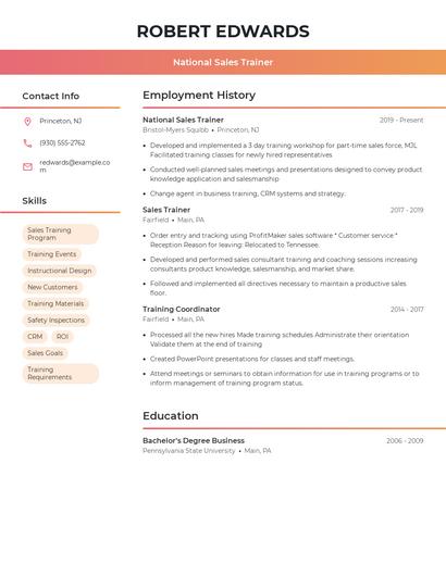 National Sales Trainer Resume