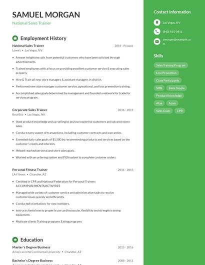 National Sales Trainer Resume