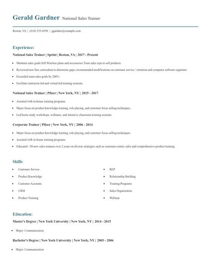 National Sales Trainer Resume