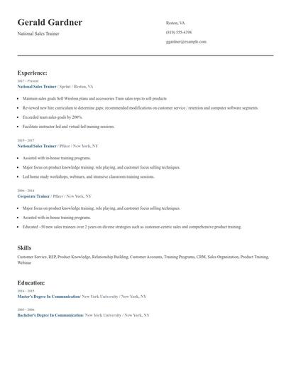 National Sales Trainer Resume