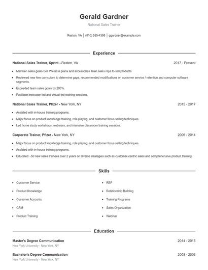 National Sales Trainer Resume