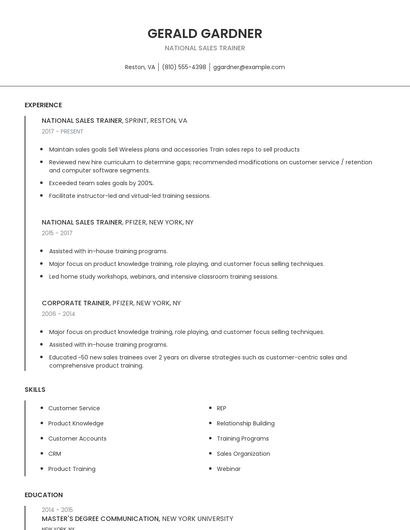 National Sales Trainer Resume