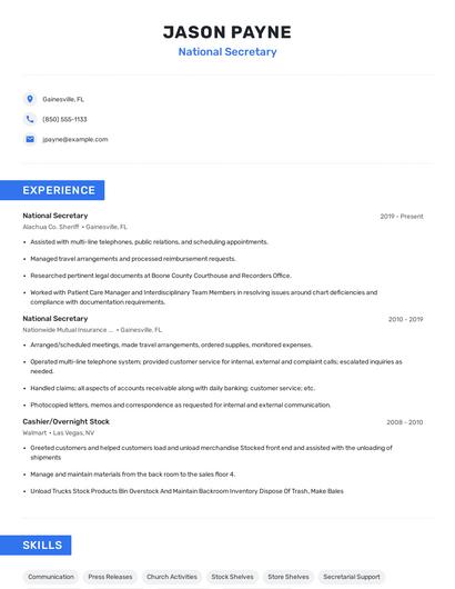 National Secretary Resume