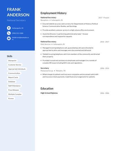 National Secretary Resume