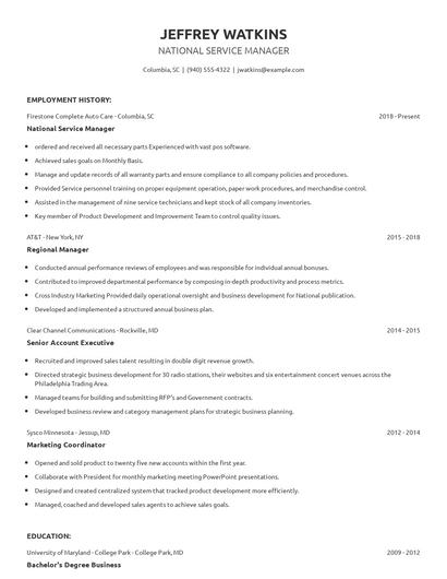National Service Manager Resume