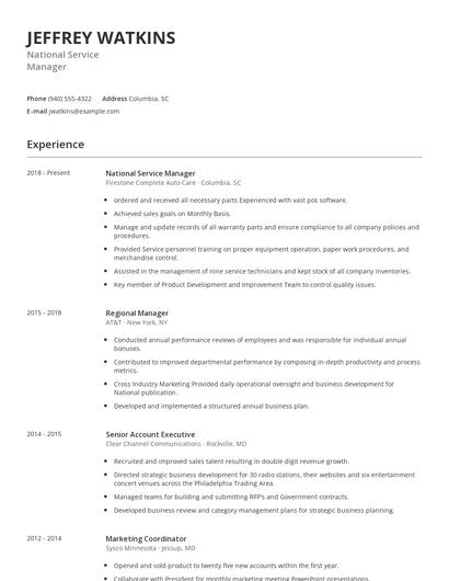 National Service Manager Resume