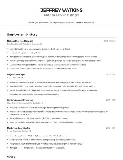 National Service Manager Resume