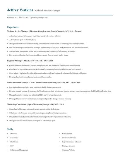National Service Manager Resume