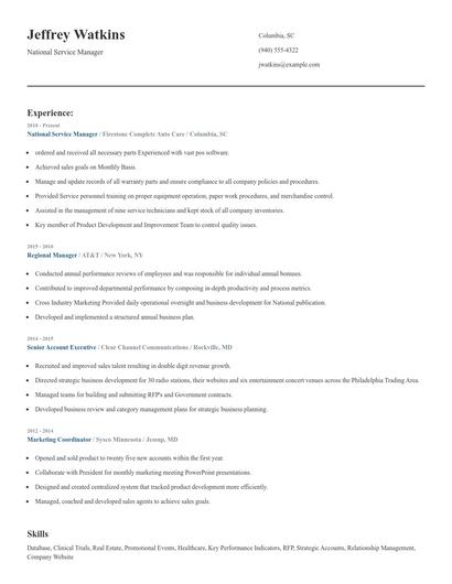 National Service Manager Resume