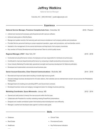National Service Manager Resume
