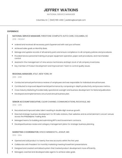 National Service Manager Resume