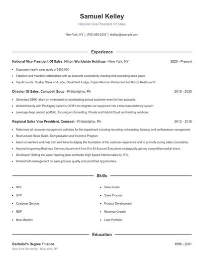 National Vice President Of Sales Resume