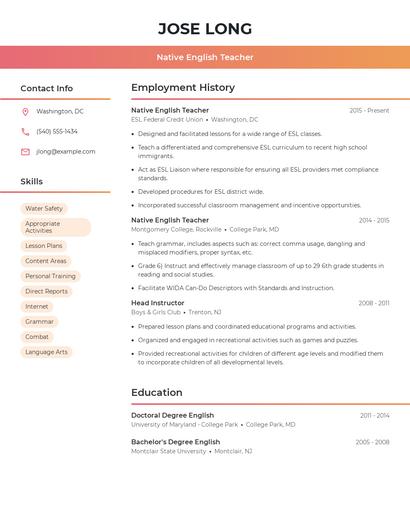Native English Teacher Resume