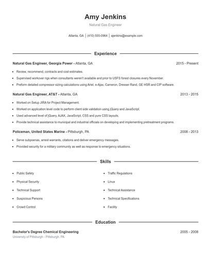 Natural Gas Engineer Resume