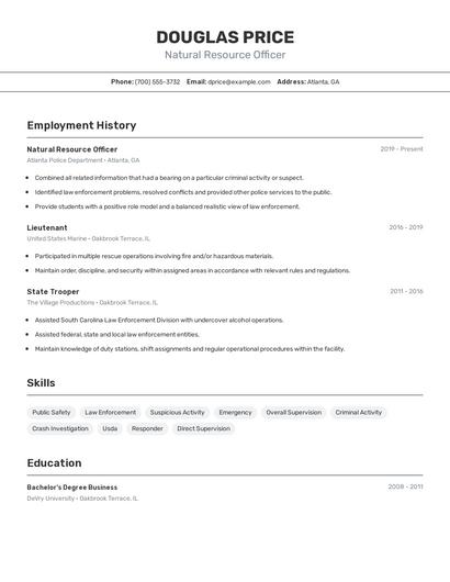 Natural Resource Officer Resume