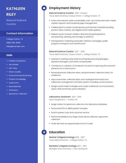 Natural Science Curator Resume