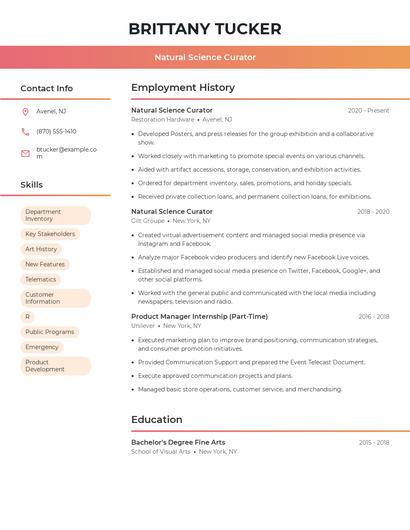 Natural Science Curator Resume