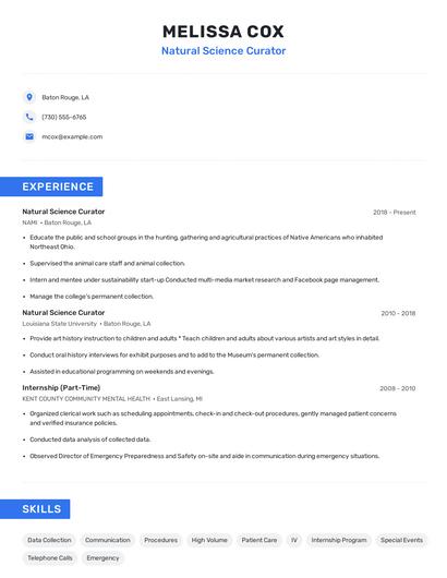 Natural Science Curator Resume