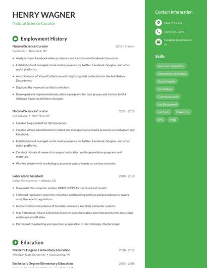 Natural Science Curator Resume