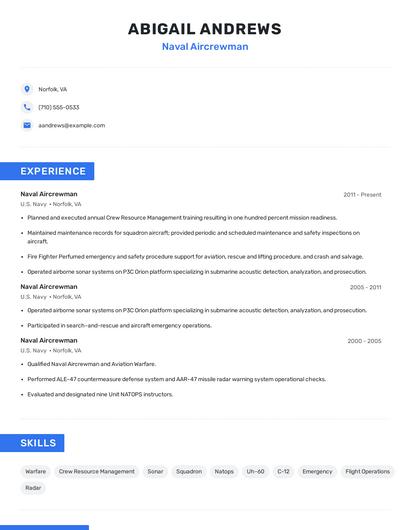 Naval Aircrewman Resume