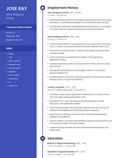 Navy Airspace Officer Resume