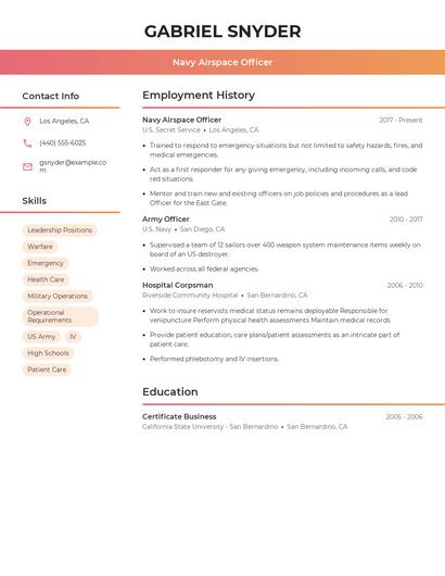 Navy Airspace Officer Resume