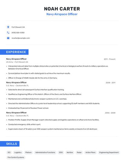 Navy Airspace Officer Resume