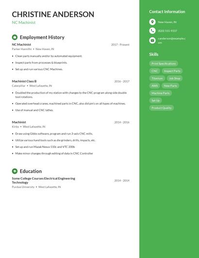 NC Machinist Resume