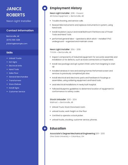 Neon Light Installer Resume