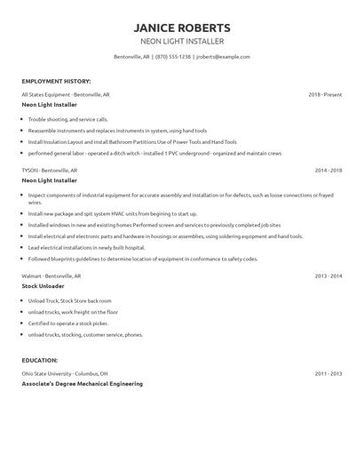 Neon Light Installer Resume