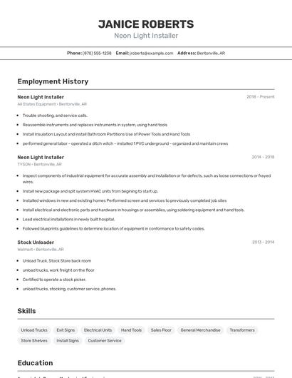 Neon Light Installer Resume