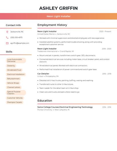 Neon Light Installer Resume
