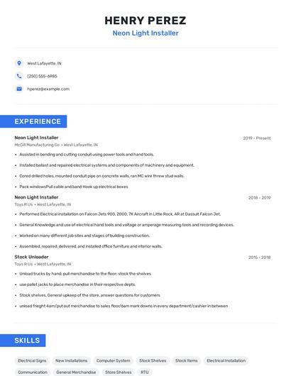 Neon Light Installer Resume