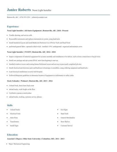 Neon Light Installer Resume