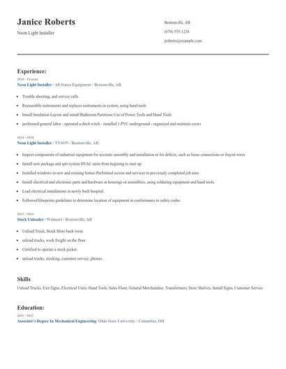 Neon Light Installer Resume