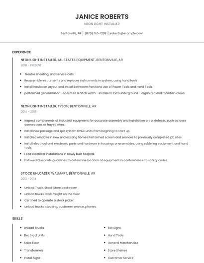 Neon Light Installer Resume