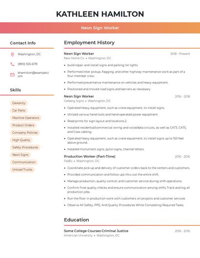 Neon Sign Worker Resume