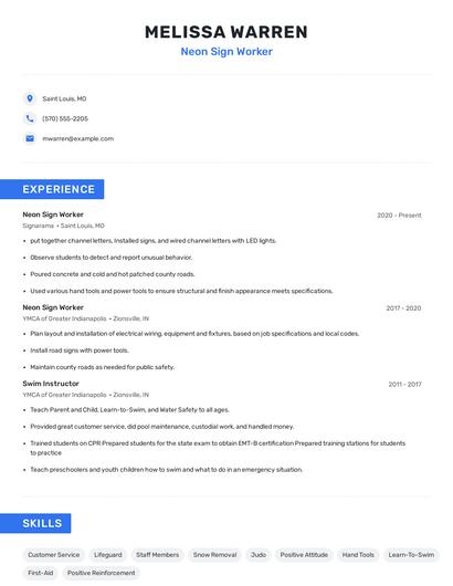 Neon Sign Worker Resume