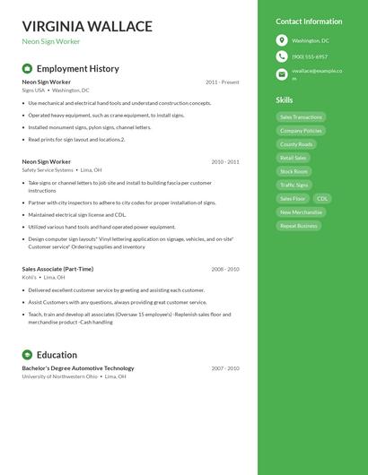 Neon Sign Worker Resume