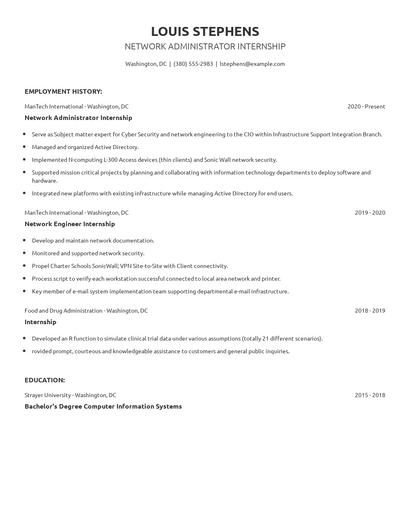 Network Administrator Internship Resume